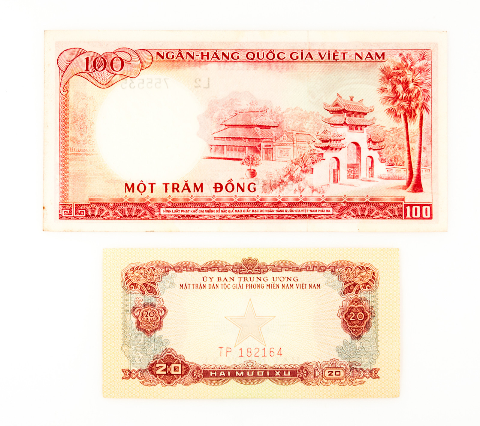 Set of 2 diff. South Vietnam 100 D. P-19b vf and blue 20 Xu P-38 xf