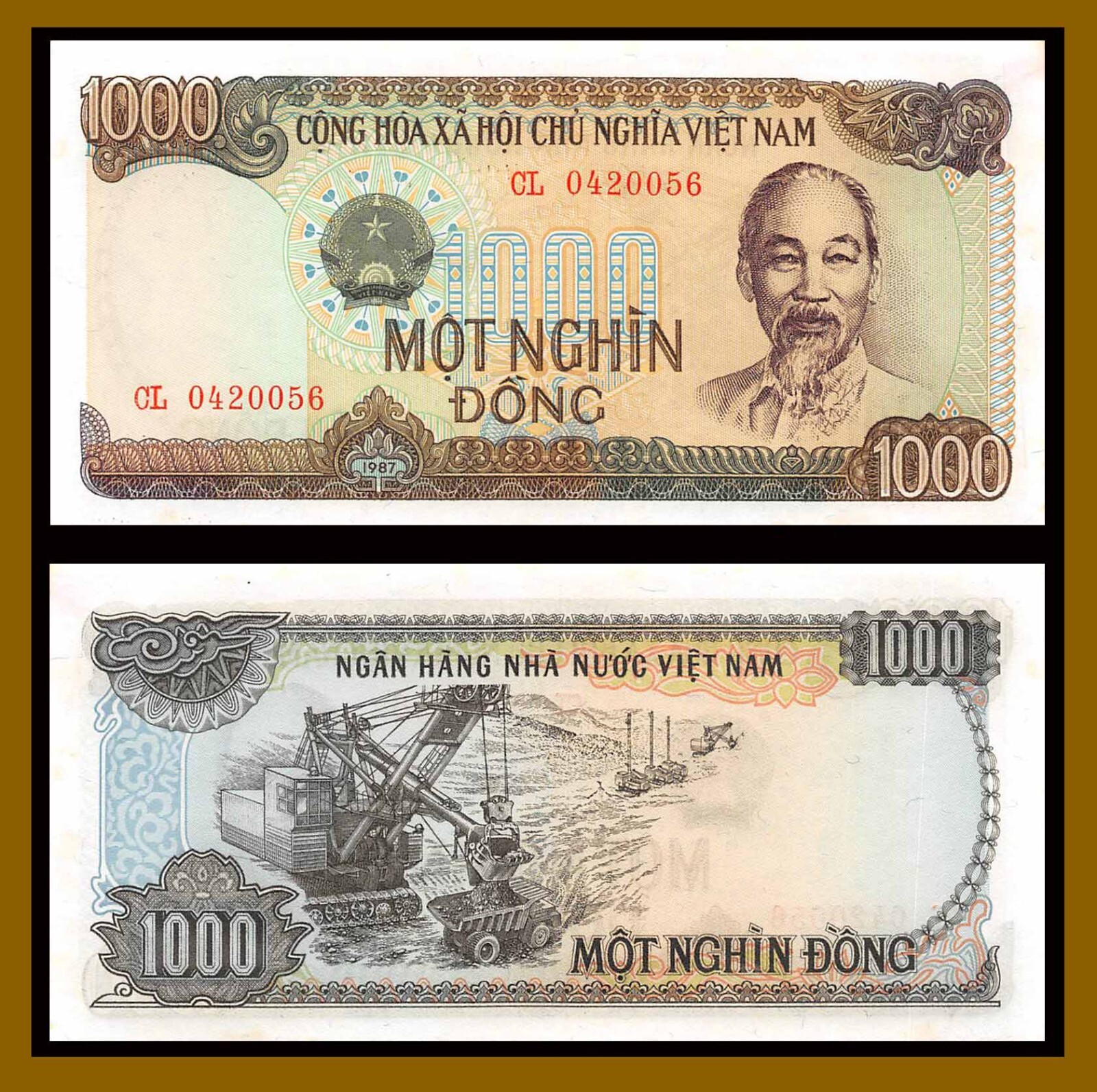 Vietnam 1000 (1,000) Dong, 1987 P-102 Ho Chi Minh Banknote (Unc: Stain)