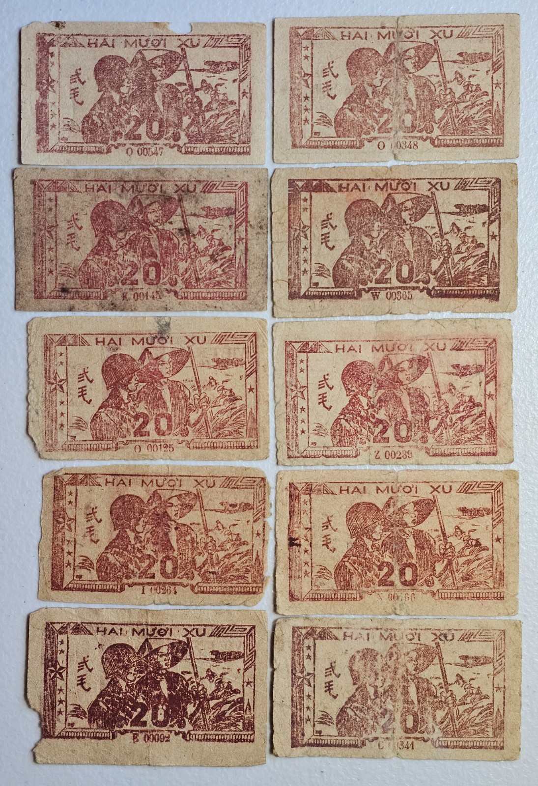 North Vietnam 20 Xu (2 Hao) 1948, Lot of 10