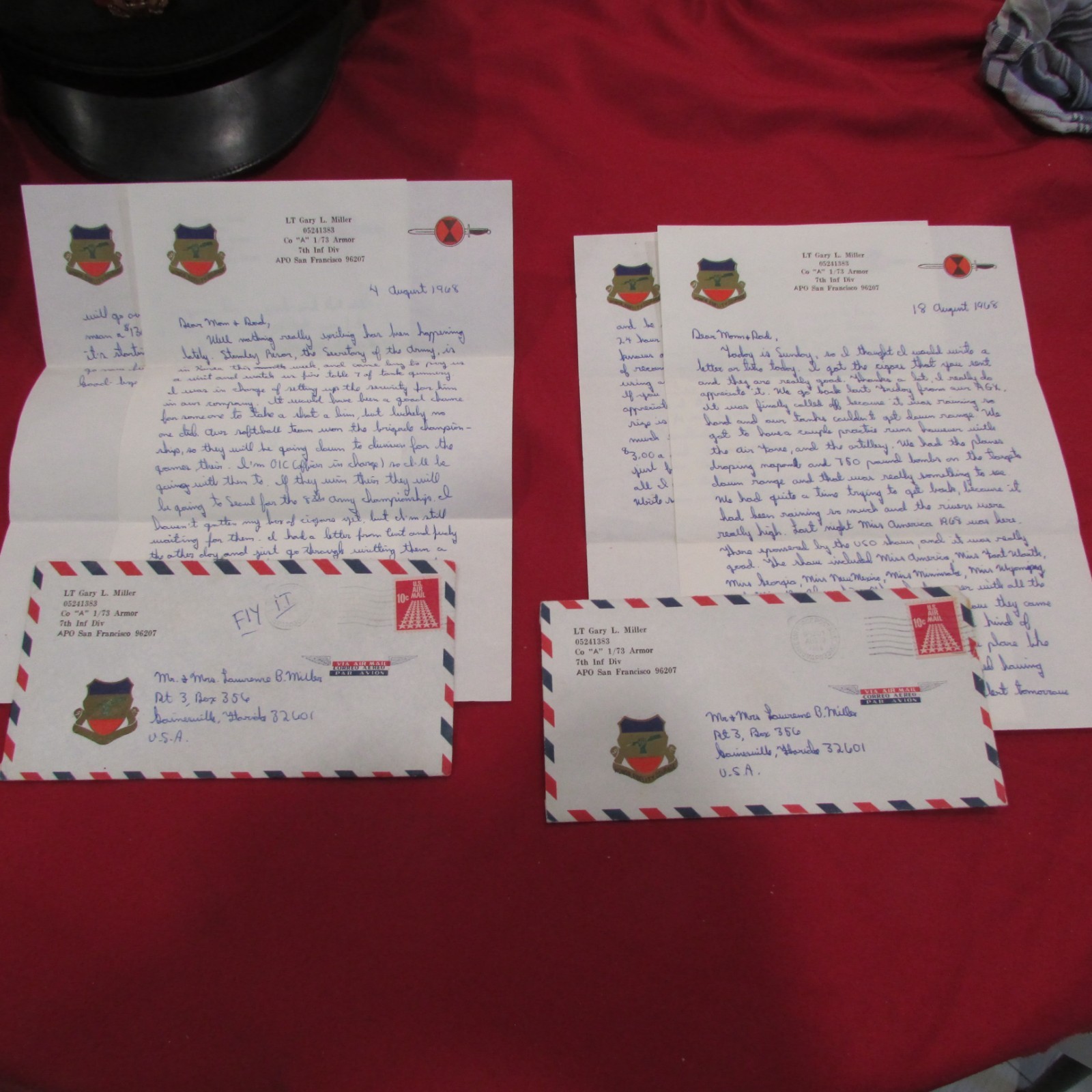 VIETNAM era 1968 LETTERs FROM Officer G.L.Miller Co.A 1/73 Armor 7th infantry