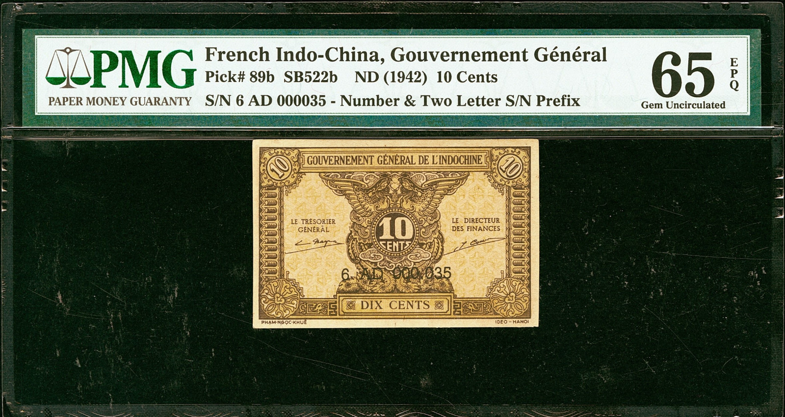French Indo-China 10 Cents ND (1942) LOW # 6AD 000035 P-89b GEM UNC PMG 65 EPQ