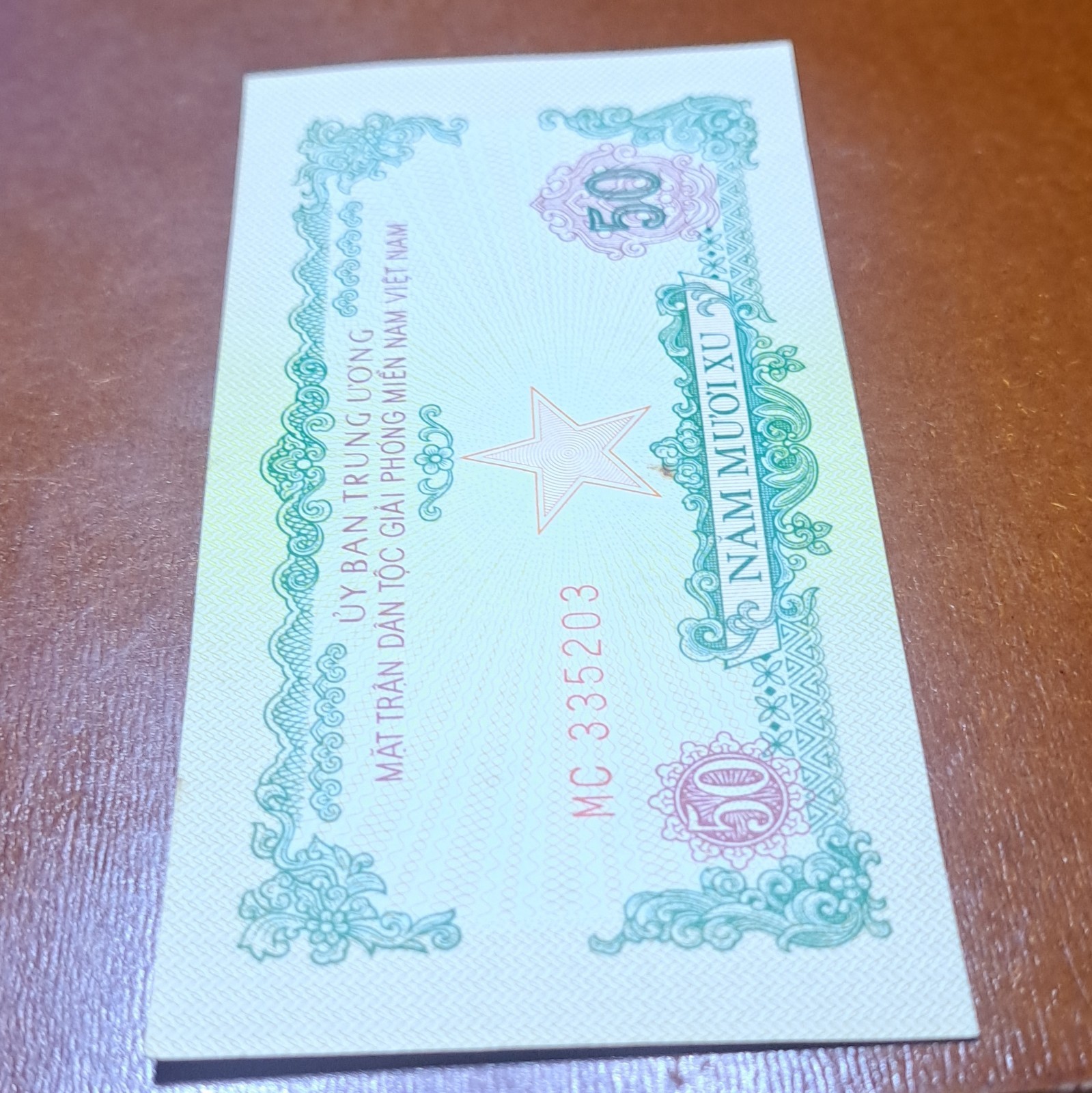 Viet Nam 50 Xu Banknote “Nam Muoi Xu” Serial MC 335203 1968 Uncirculated!