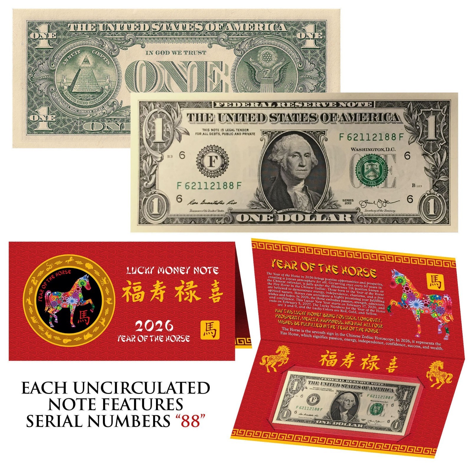 2026 Lunar Chinese New YEAR of the HORSE Lucky US $1 Bill w/ Red Folder – SN 88