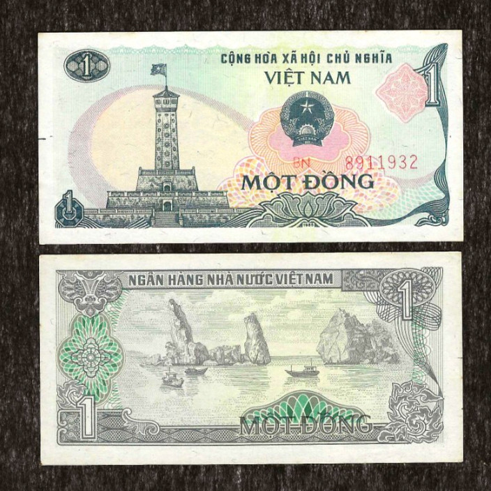VIETNAM 1 DONG P-90 1985 UNC FLAG TOWER BOAT RIVER CURRENCY MONEY BILL BANKNOTE