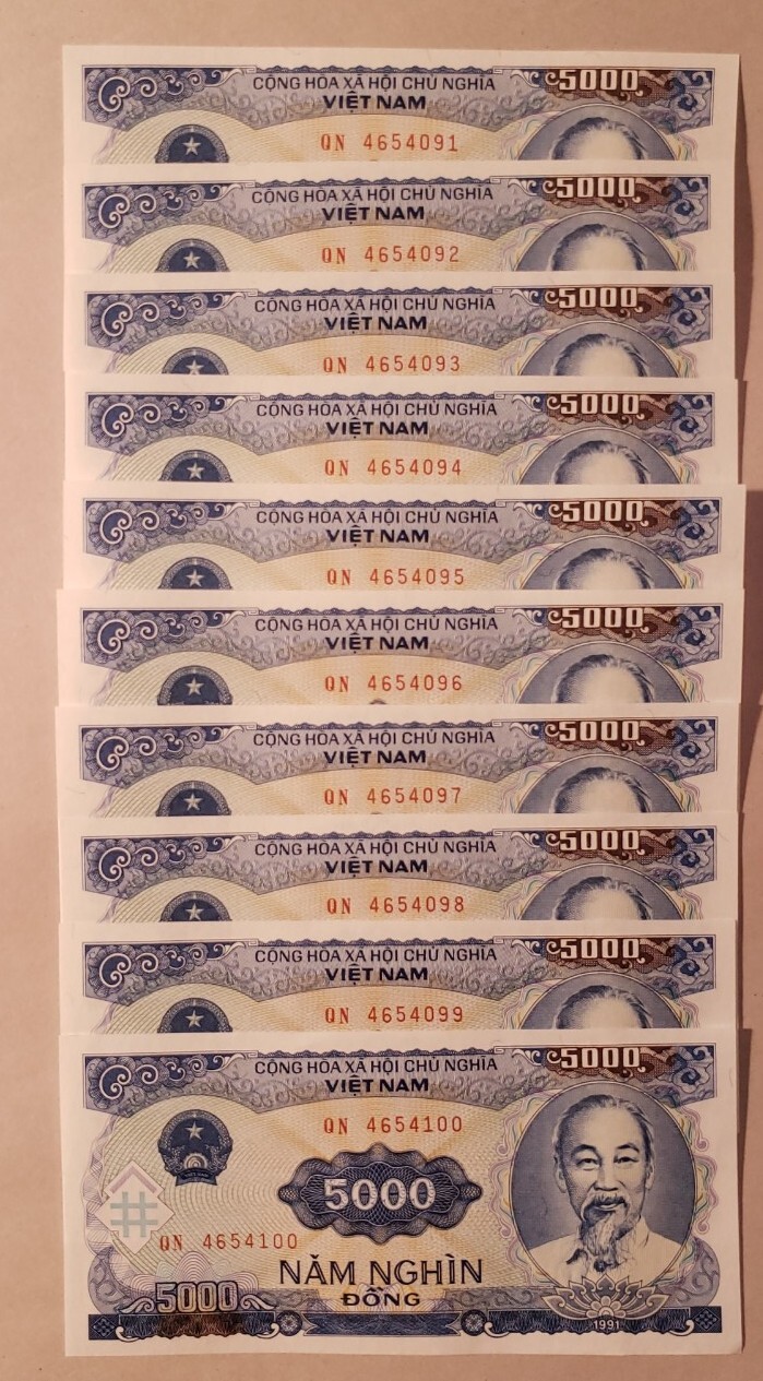 Ten Notes, Vietnam Viet Nam 5000 Dong,1991,P-108,UNC, IT.#G-3, Bundle of 10 Pcs