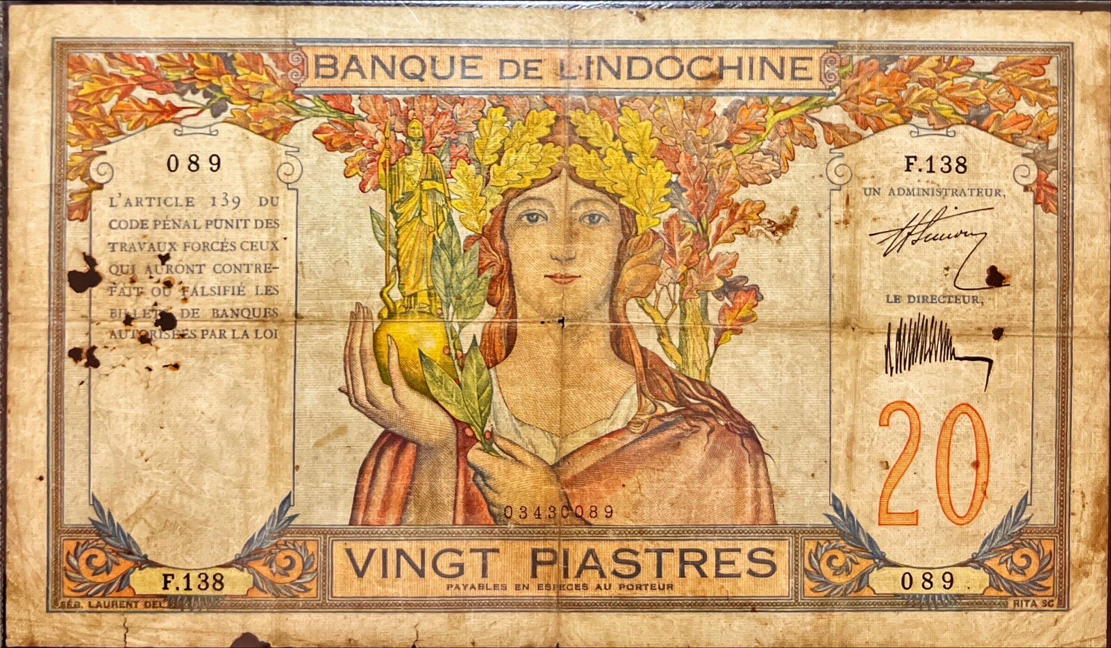 20 Piastres Indochine 1931 Vietnam