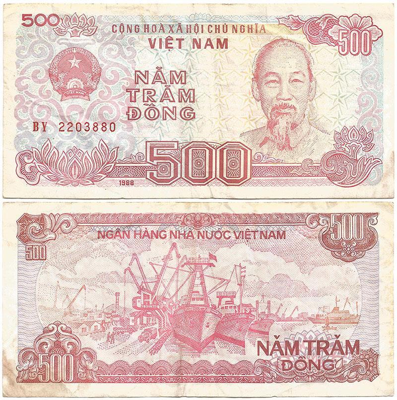 1988 NORTH VIETNAM Crispy Circulated “500 DONG NOTE” Shows HO CHI MINH & Ships