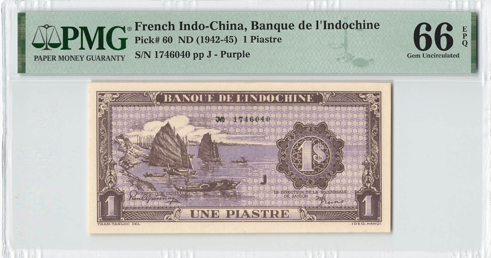 FRENCH INDO CHINA 1 Piastre 1942-1945, P-60 Purple “J”, PMG 66 EPQ GEM UNC, Rare