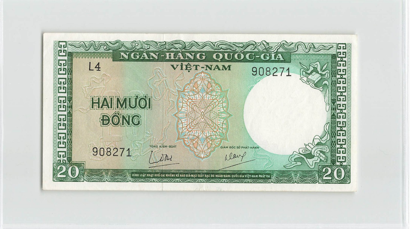 SOUTH VIETNAM 20 Dong 1964, P-16, Original AU w/ Staple Holes. L4 908271. A2