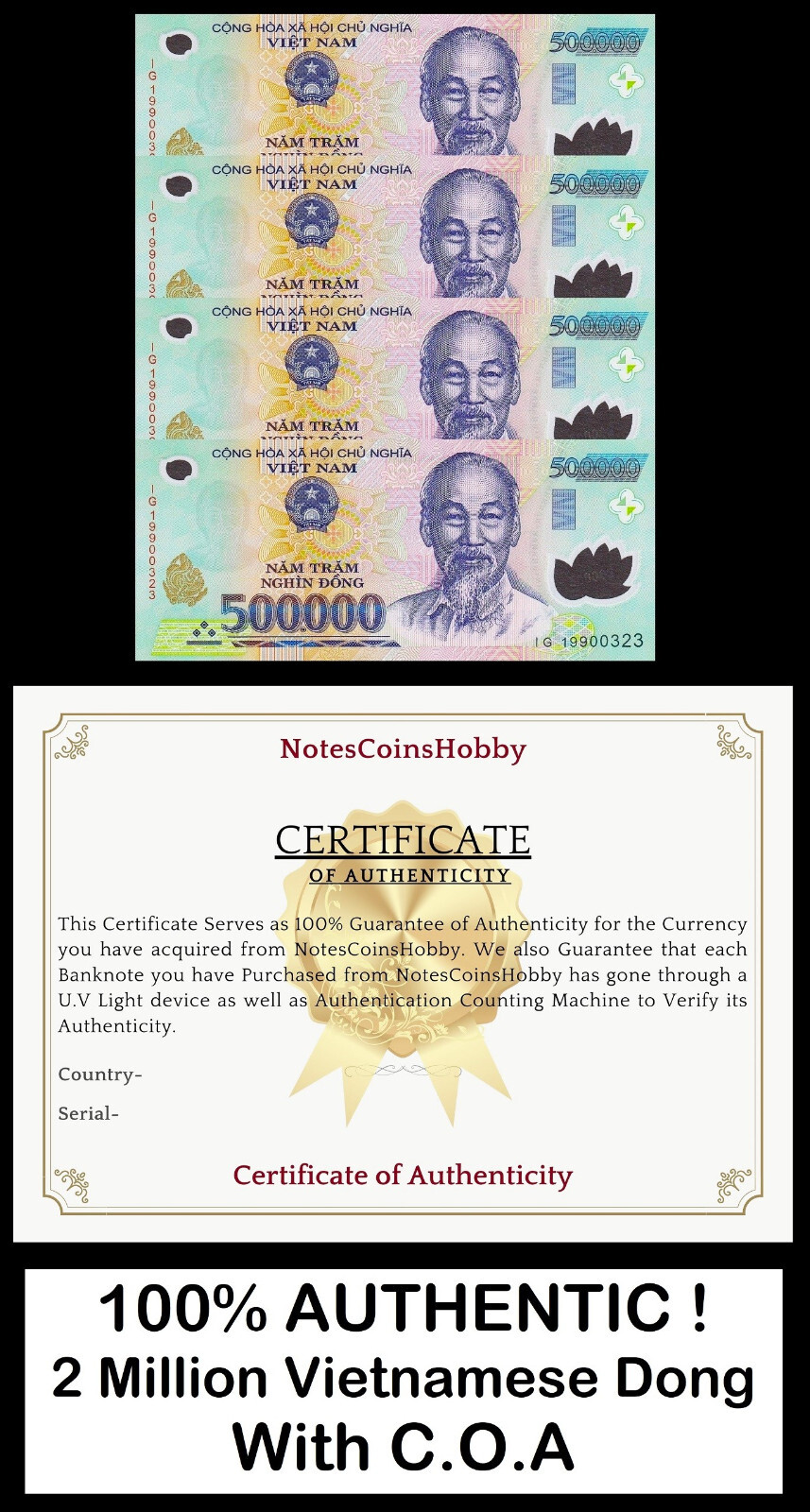 Vietnam Polymer 2 Million Dong (4 x 500,000) With C.O.A NEW Ship From CANADA !