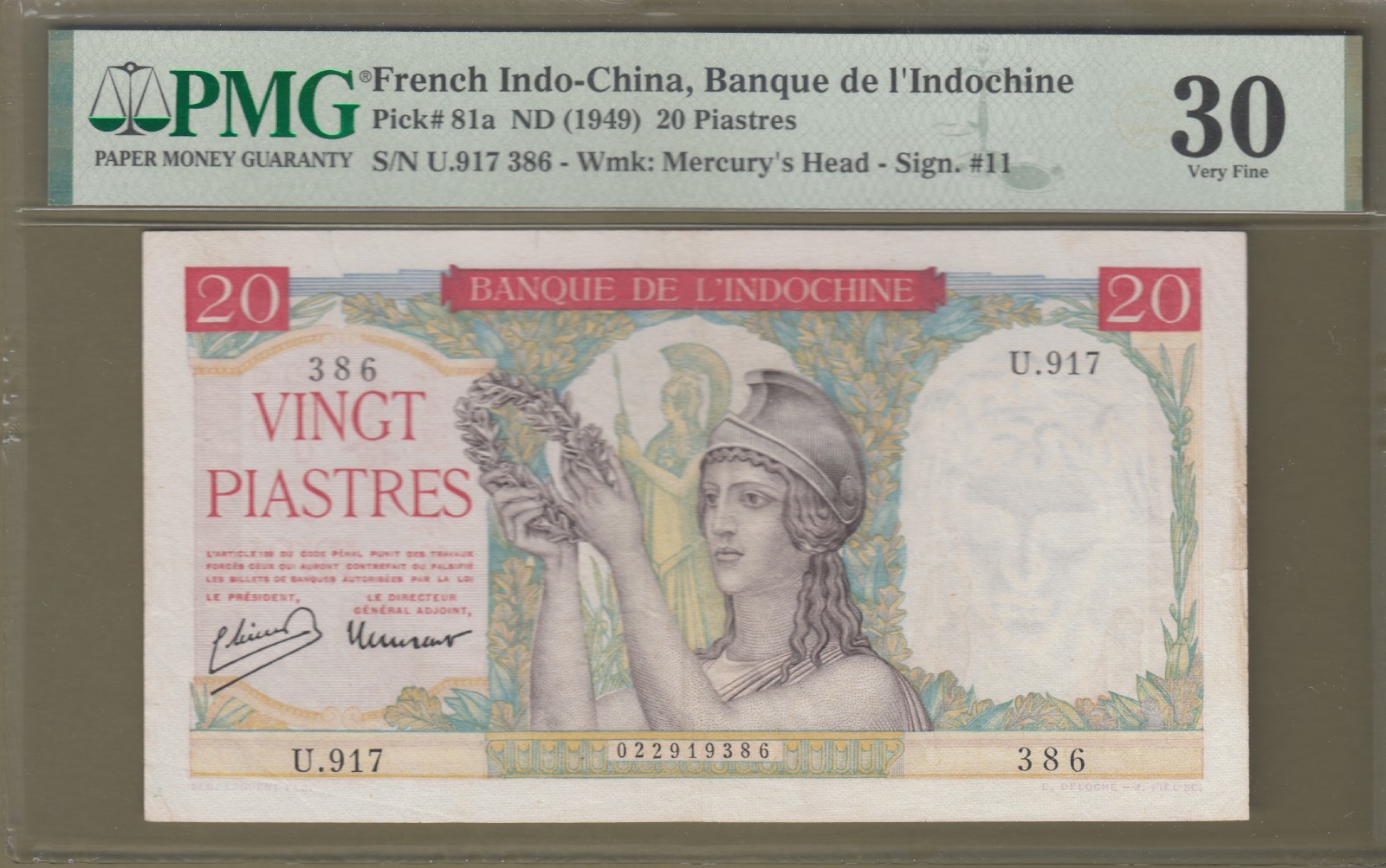 French Indochina/Vietnam 1949 PMG Certified 20 Piastres Very Fine 30 P# 81a.