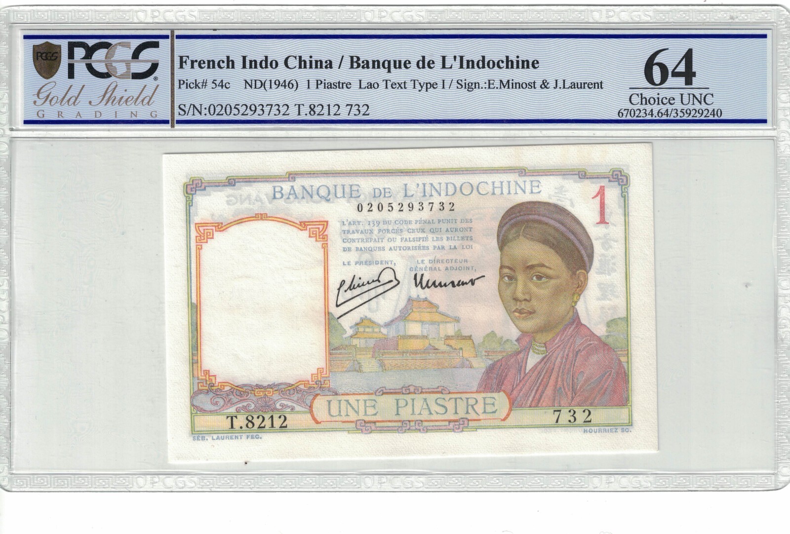 French Indochina 1 Piastre 1946 Pick# 54c PCGS: 64 Choice UNC. #PL2052