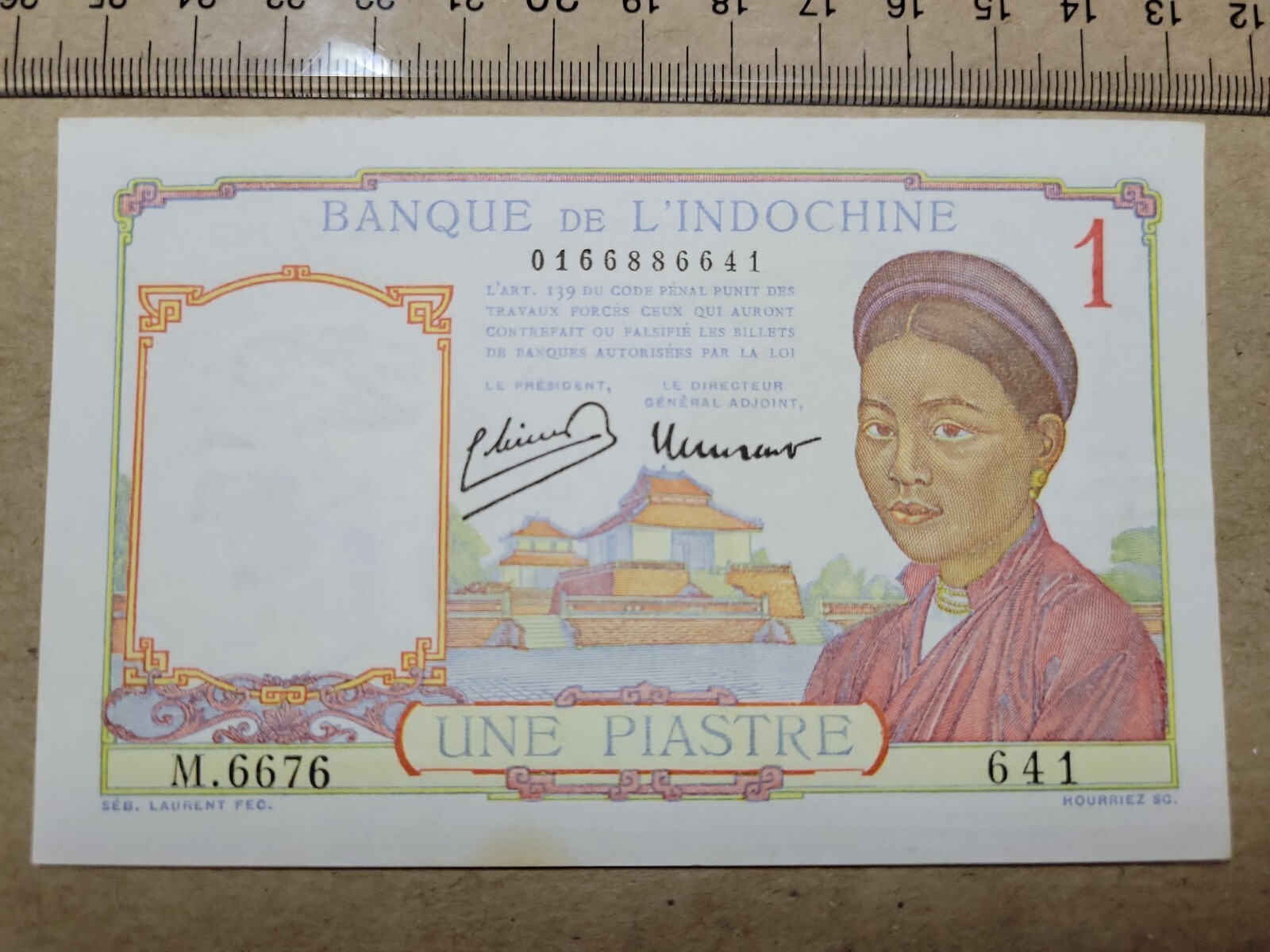 🌏 French Indochina Vietnam 1 piastre 1946 AU P-54 P-54c Banknote 112022-6