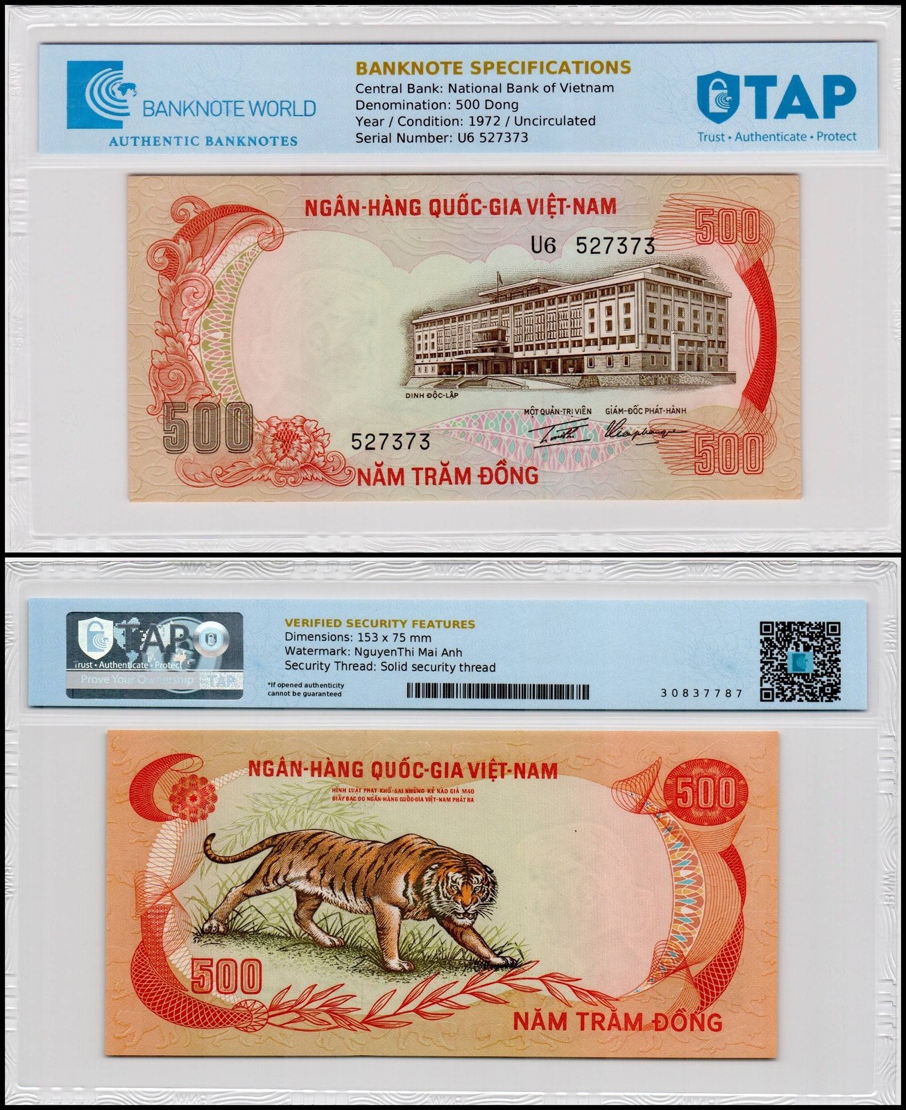 South Vietnam 500 Dong, 1972 ND, P-33, UNC, TAP Authenticated