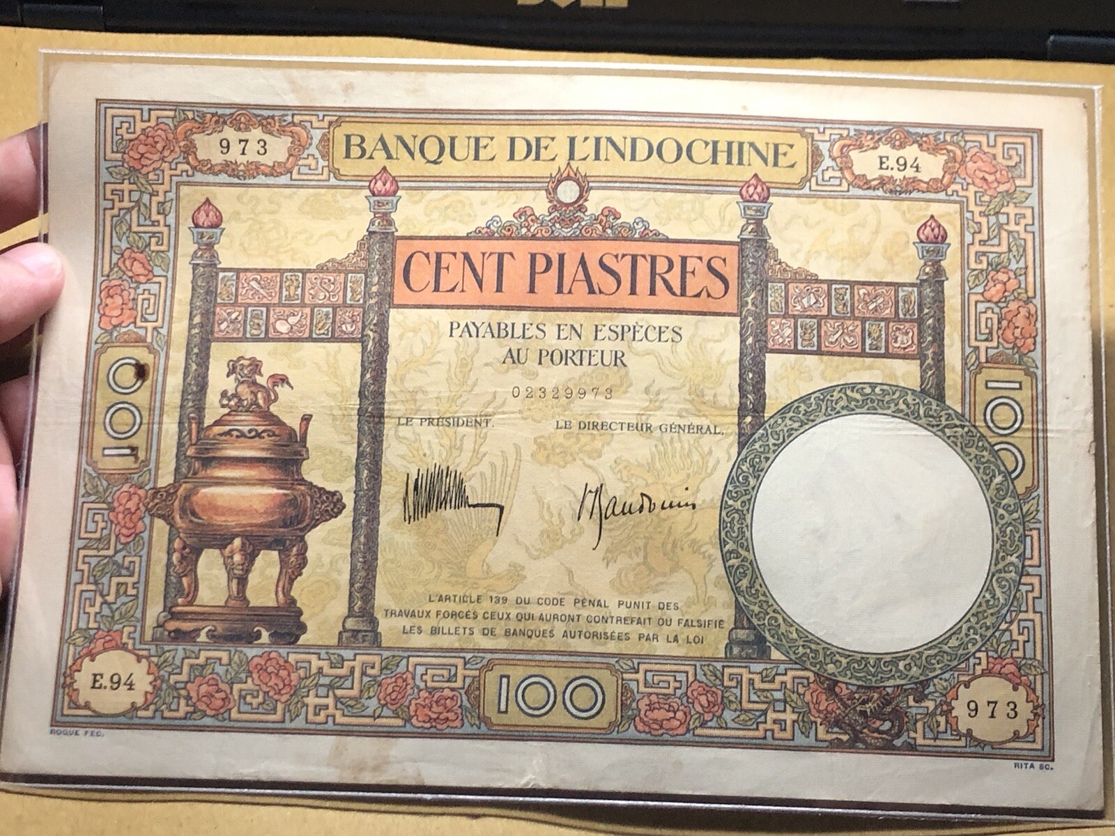 100 Piastres P-51c Sign#8 Indochine Banknotes 1932 Original Vintage_LDP Shop.