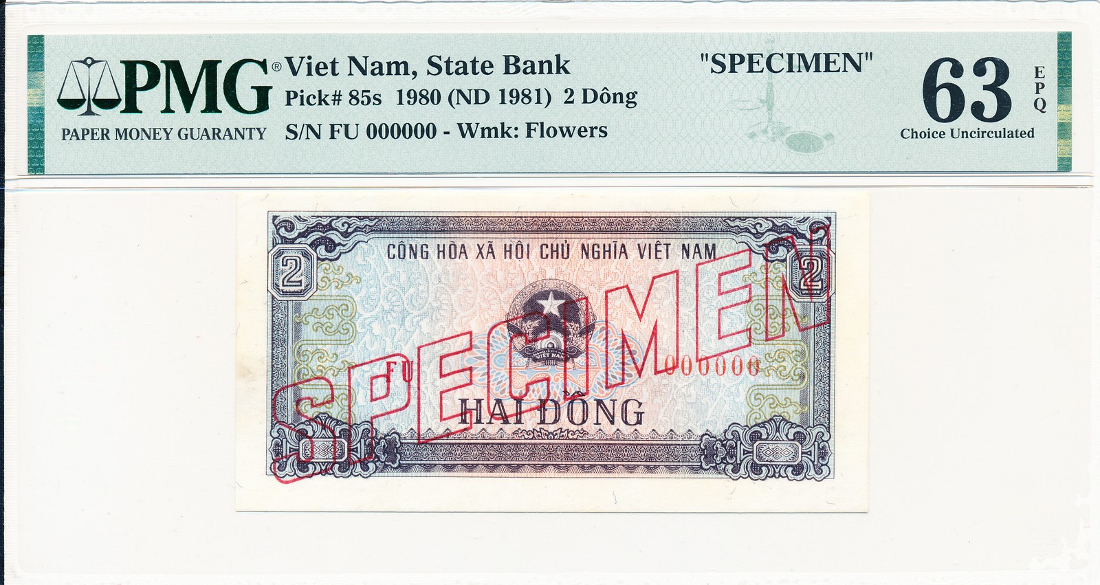 State Bank Viet Nam 2 Dong 1980 Specimen PMG 63EPQ