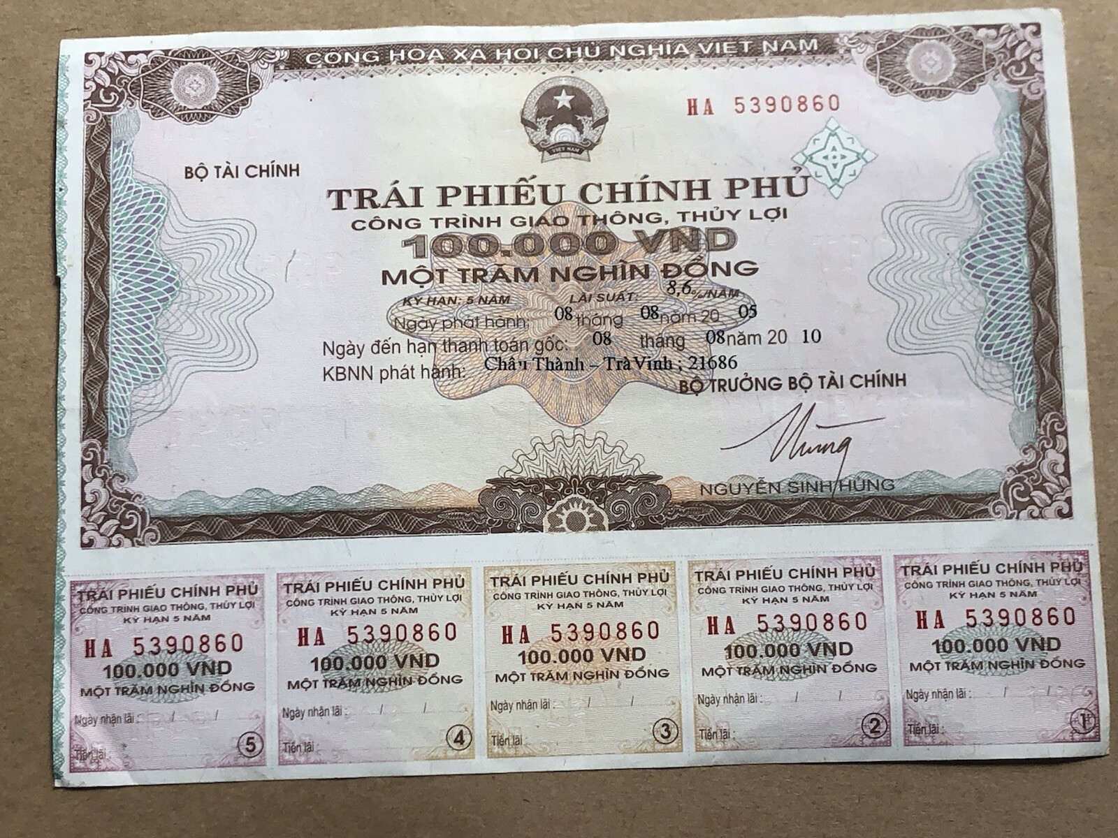 100,000 Dong Payment Bond Cheque Unpaid 2005 Original Vintage Rare_LDP Shop.