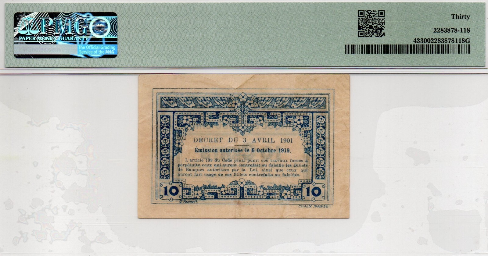 French Indochina 10 Cents 1919 Black Serial Number (PMG 30 VF)