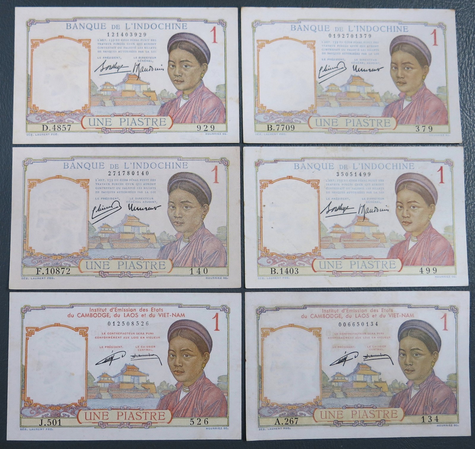Indochina 1 Piastre 1936-49 Lot of 6 notes AU condition