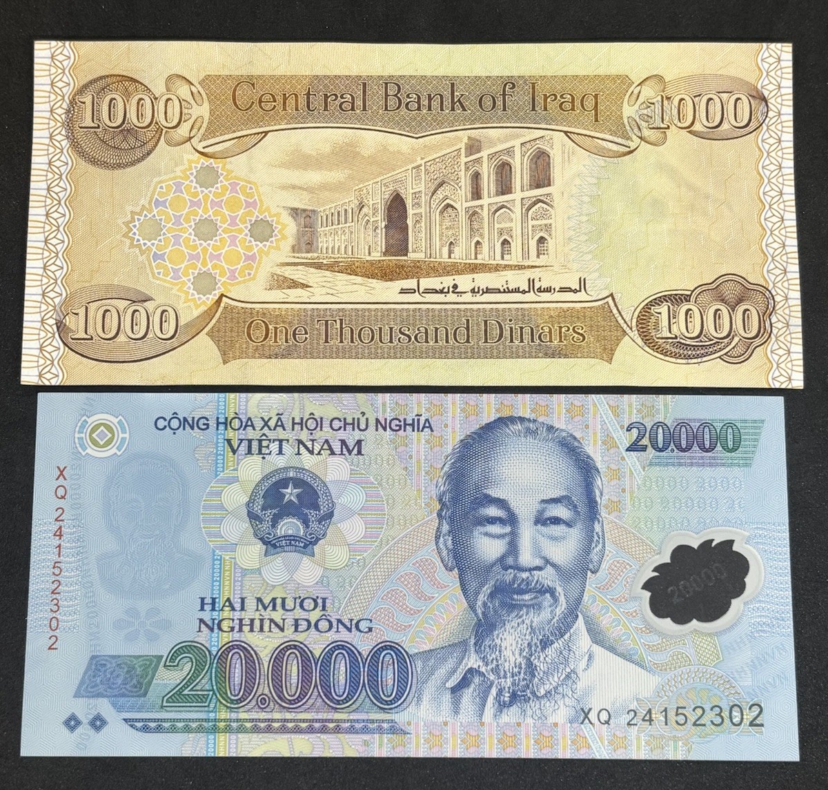 1,000 Iraq Dinar + 20,000 Vietnamese Polymer Banknotes UNC 2003-2018 (1 Each)