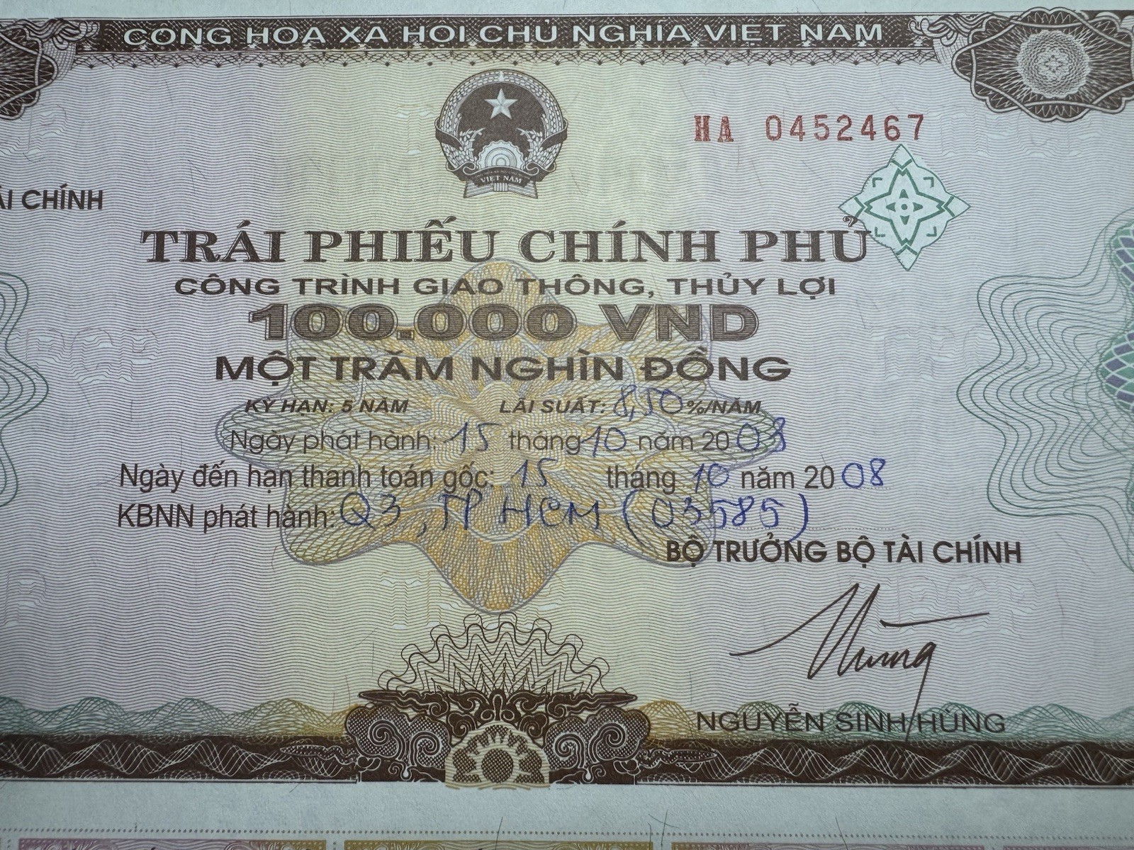 100,000 Dong Goverment Cheque 2003 UNC Rare_LDP Shop.