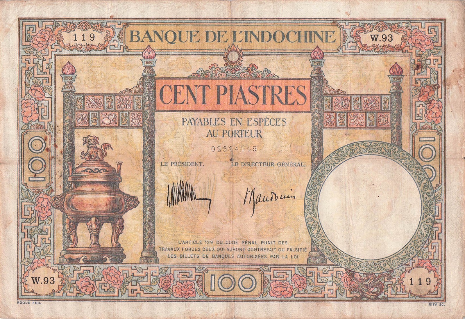 French Indo China 100 Piastres ND. 1932 Series W Circulated Banknote Co 11