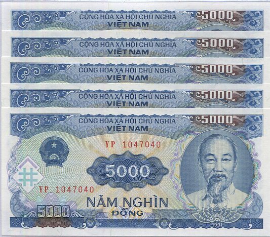 Vietnam 5000 Dong 1991 P 108 UNC LOT 5 PCS