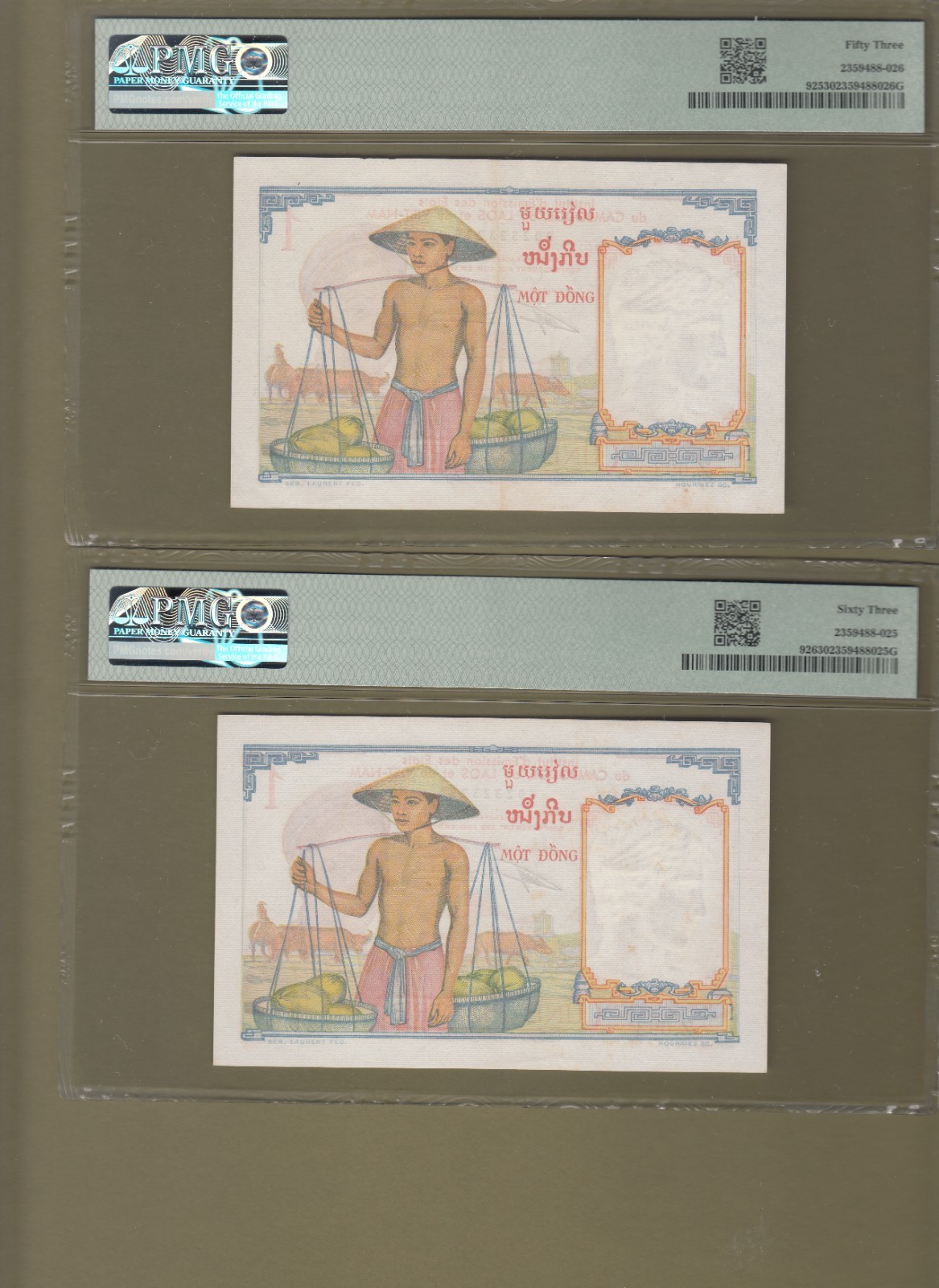 French Indochina/Vietnam 1953 PMG Certified 1 Piastre Consecutive Pair P# 92.