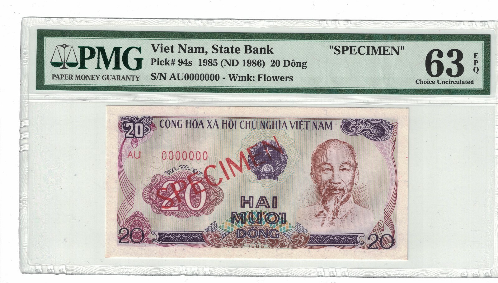 VIETNAM – SPECIMEN 20 DONG 1985-86 PICK# 94s PMG: 63 EPQ Choice UNC. (#1681)