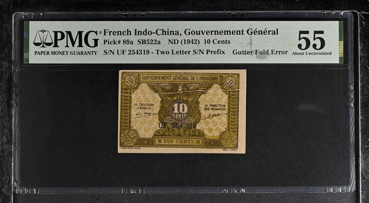 French Indochina P-89a 10 Cents 1942 PMG 55 Gutter Fold Error