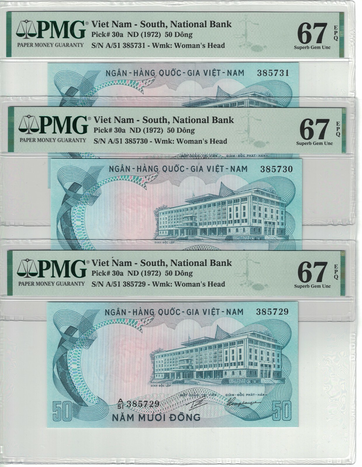 VietNam South Lot of 3 Notes x 50 Dong 1972 PICK# 30a PMG: 67 EPQ GEM. #PL1335