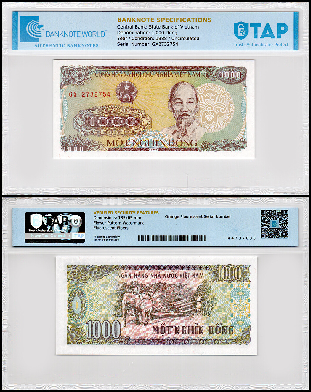 Vietnam 1000 Dong, 1988, P-106a, UNC, Authenticated Banknote