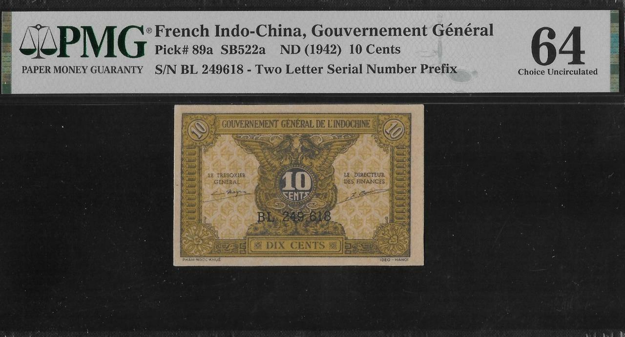 French Indochina P-89a 10 Cents 1942 PMG 64