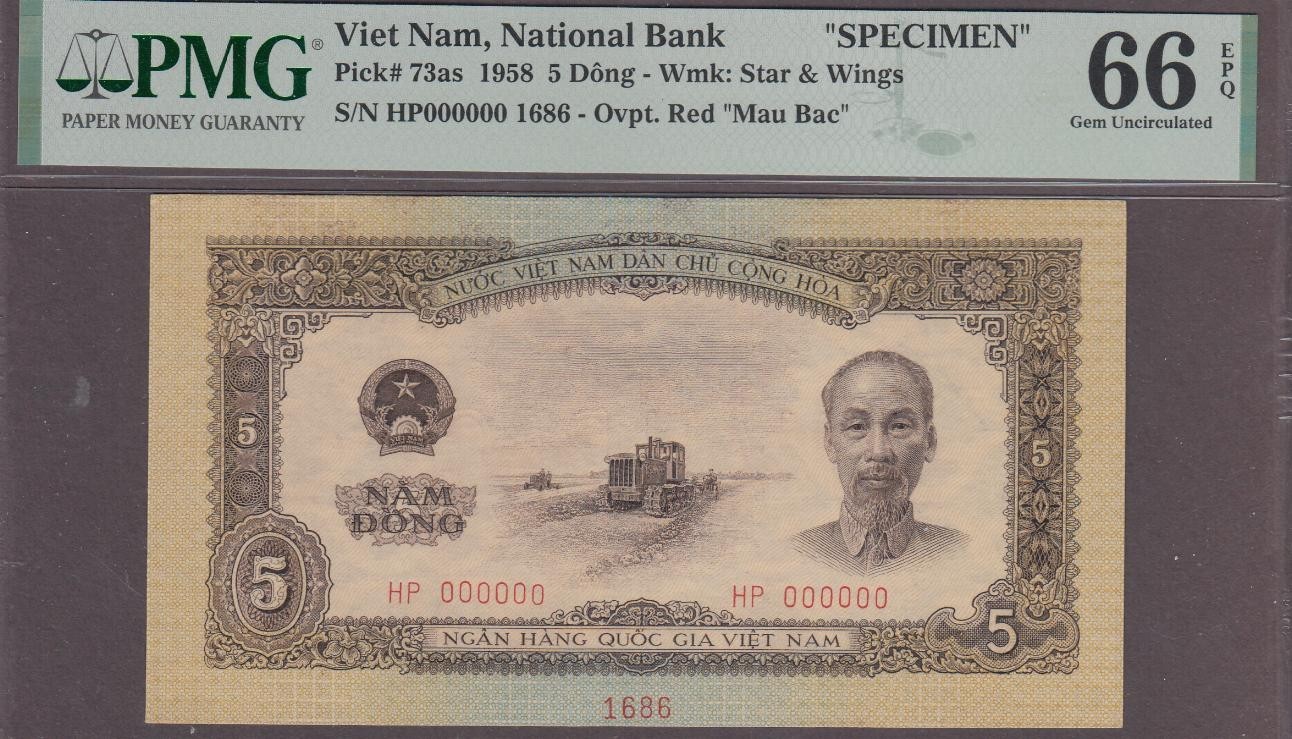 Vietnam, National Bank 5 Dong Specimen Banknote P-73as ND 1958 PMG 66EPQ