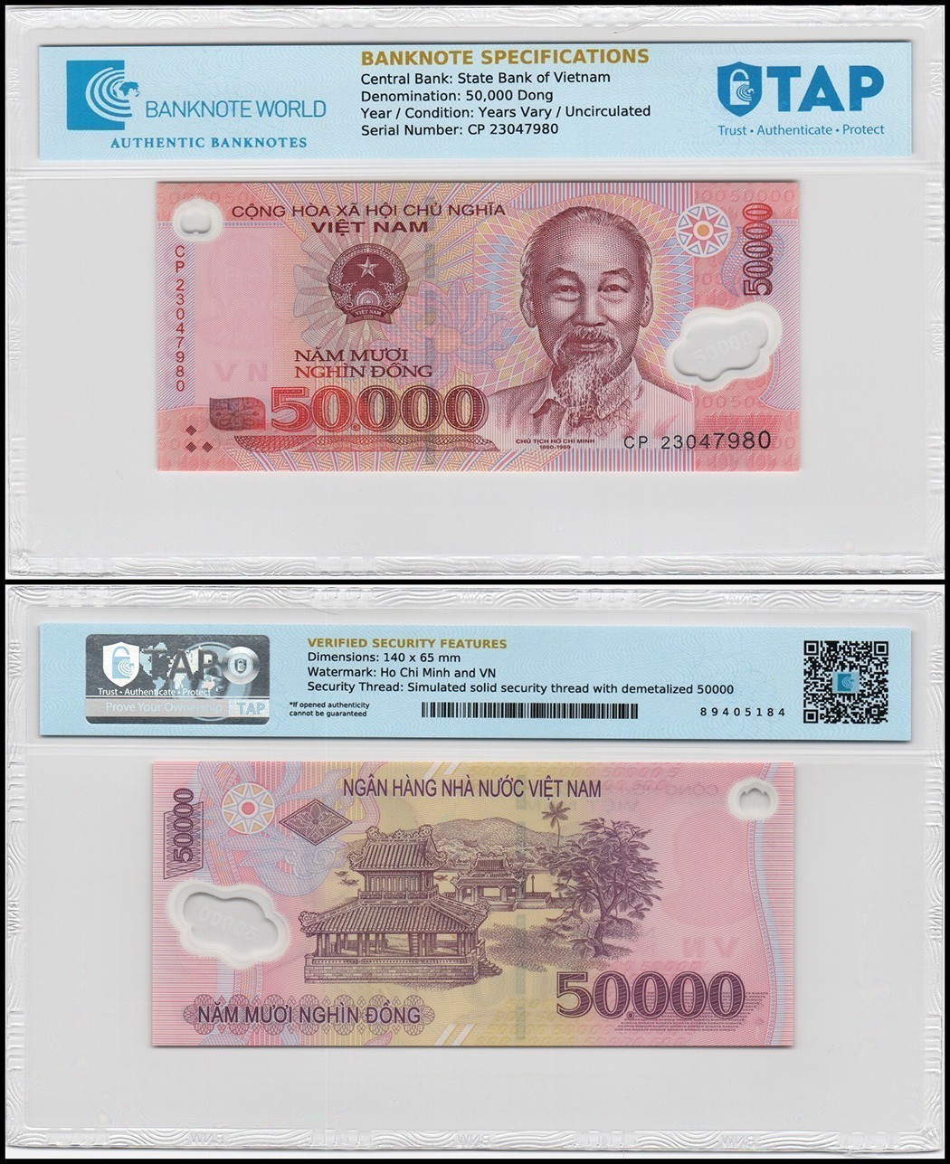 Vietnamese Currency 50000 Dong, Random Year P-121 UNC Polymer TAP Authenticated