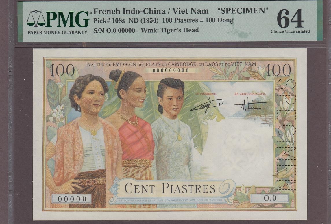 French Indochina 100 Piastres SPECIMEN Banknote P-108s ND (1954) PMG 64