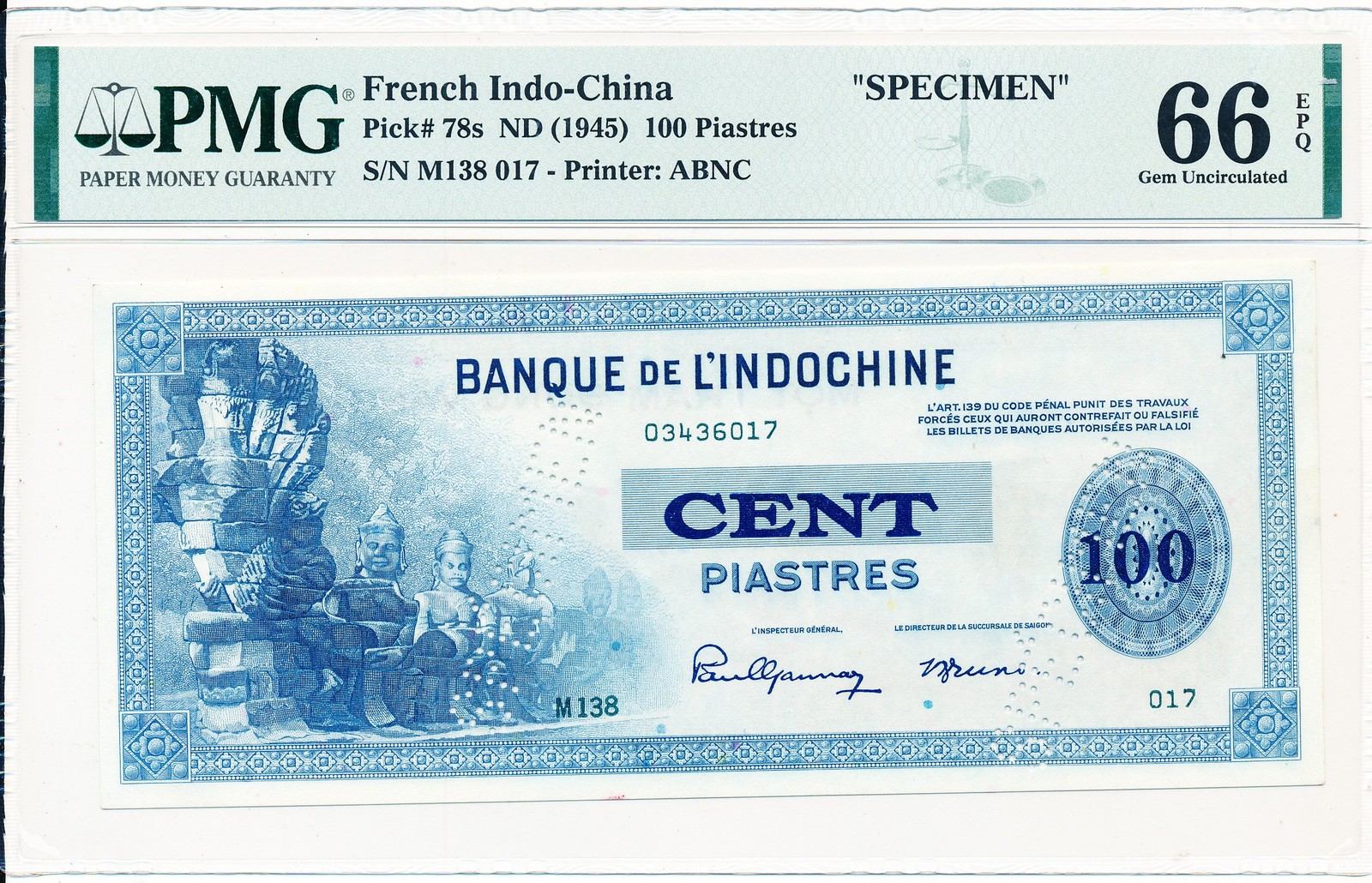 Banque de l’Indochine French Indo-China 100 Piastres ND(1945) Specimen PMG 66EPQ