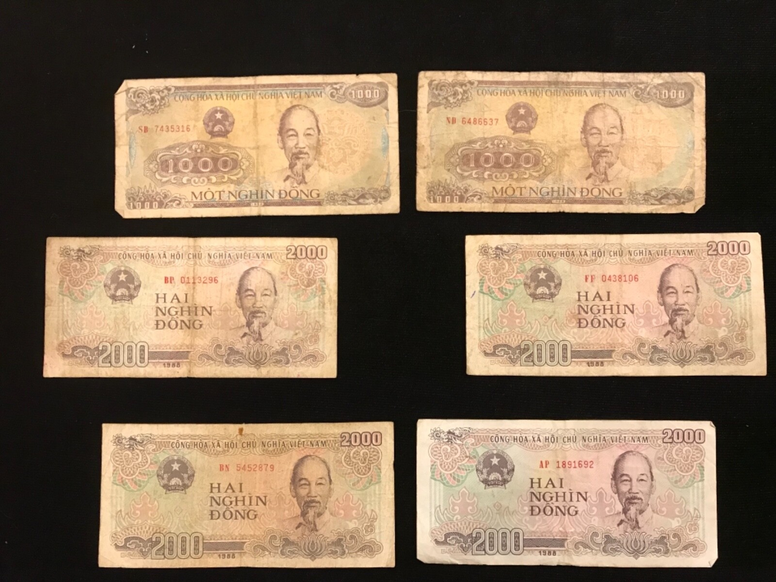 VIET NAM vintage 1988 State Bank Paper Money 1000 & 2000 DONG 6 circulated note