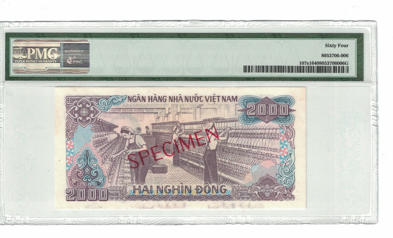 VIETNAM – SPECIMEN 2000 DONG 1988 PICK# 107s1 PMG: 64 Choice UNC. (#PL998)