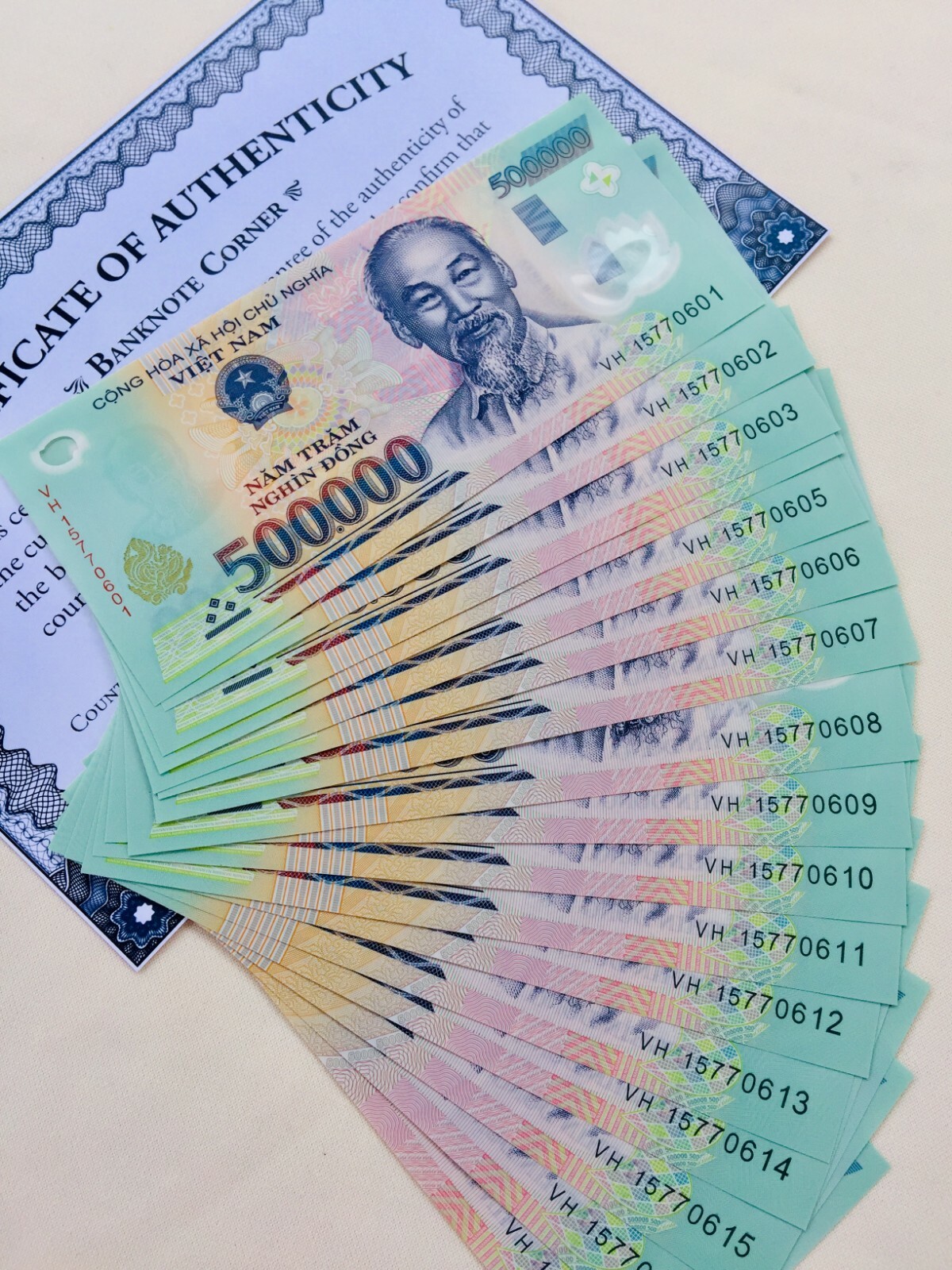 1M 1,000,000 VIETNAM DONG 2x 500,000 LIGHTLY “CIRCULATED” UV PASS COA AUTHENTIC