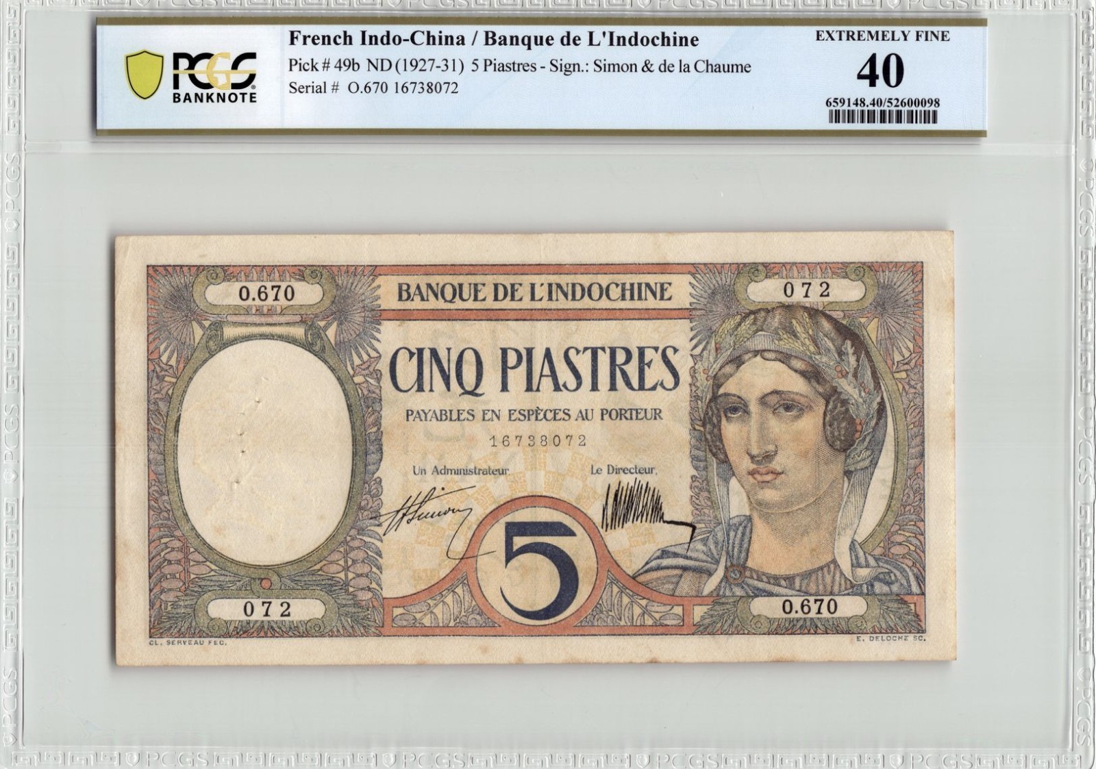 French Indochina 5 Piastres ND (1927-1931) Pick 49b PCGS 40