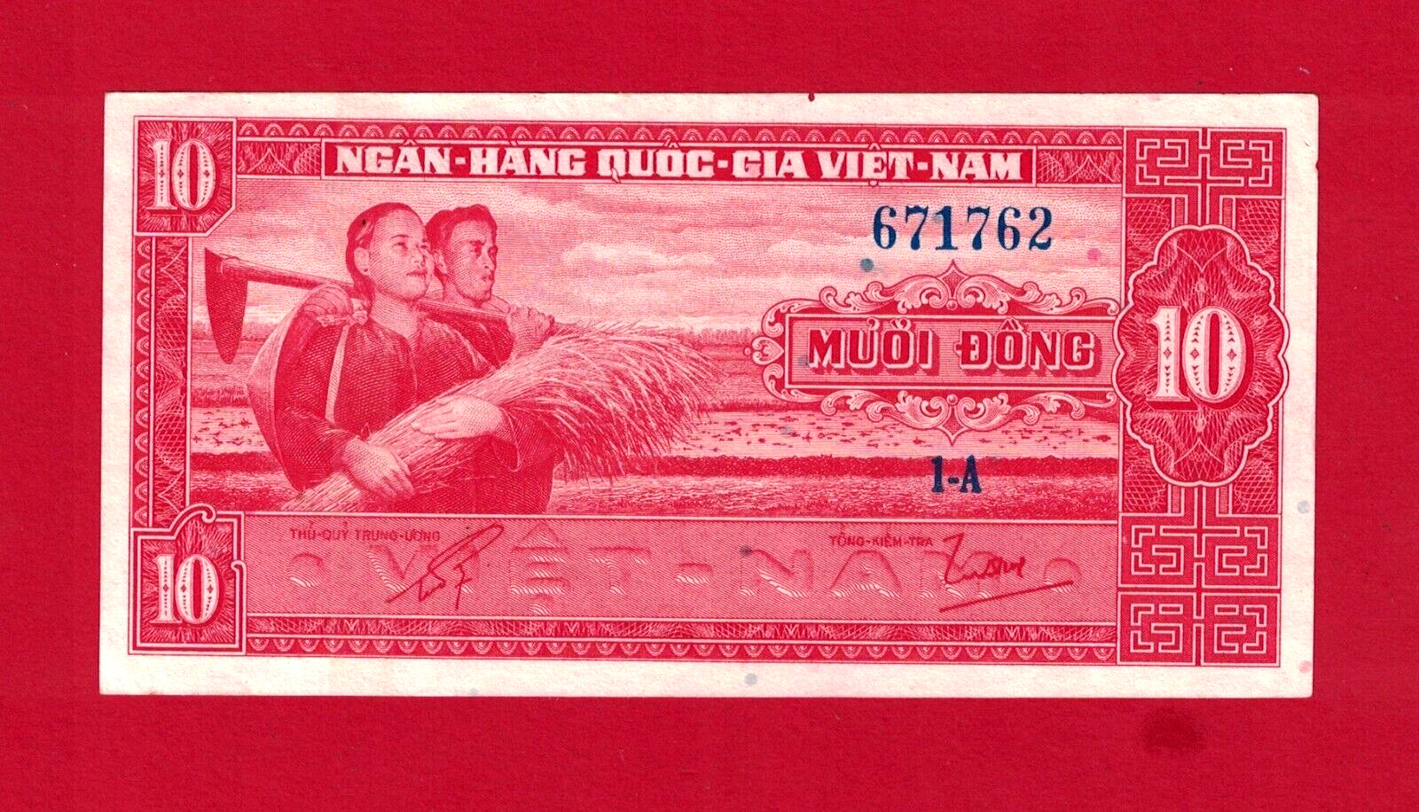 SOUTH-VIETNAM 10 DONG 1962 CRISP AUNC-/XF+ NOTE – The Very First 1-A Bloc Issued