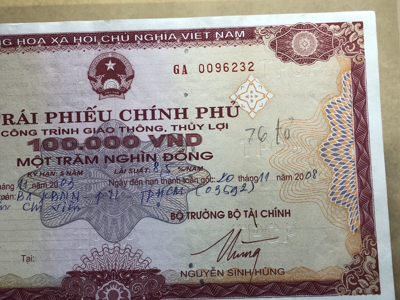 100,000 Dong Payment Bond Cheque Unpaid 2003 Original Vintage Rare_LDP Shop.