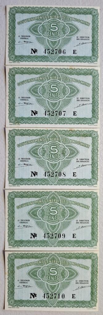 Indochina 5 Cents 1942 Unc Lot of 5 Consecutive Serial #452706-10 E