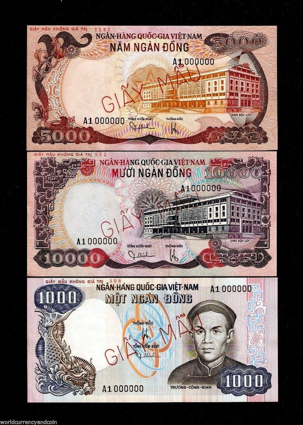 VIETNAM 1000 5000 10000 DONG VND P34 35 36 1975 UNC 3 SPECIMEN TIGER ANIMAL NOTE