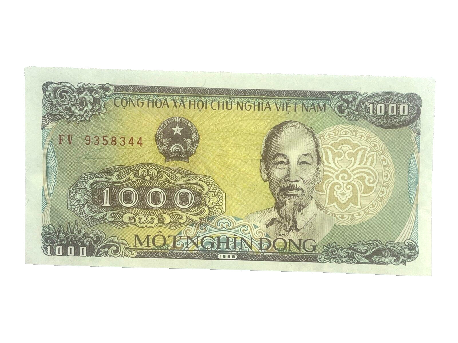 1988 Vietnam 1000 Dong Unc Banknote P-106a, Ho Chi Minh, Elephant Logging