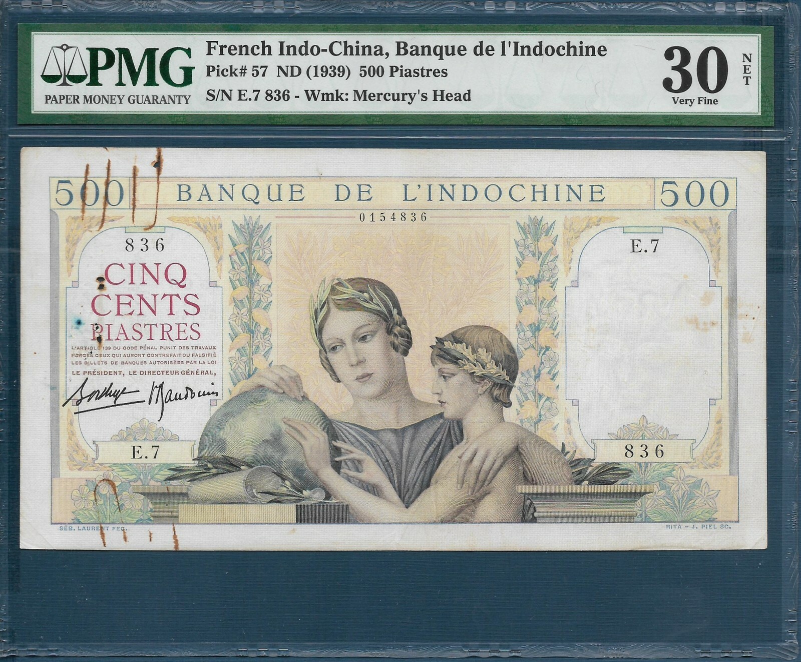 French Indochina Vietnam 500 Piastres, 1939, P 57, PMG VF 30