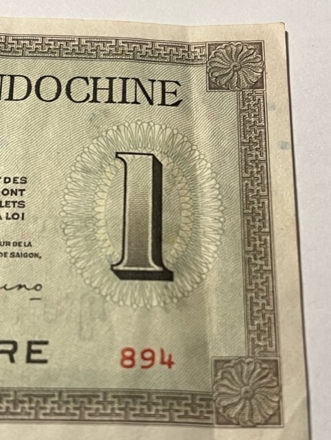 ND 1945-51 French Indochine 1 Piastre Note/Letter B/2 Folds/P-76a/XF #12495