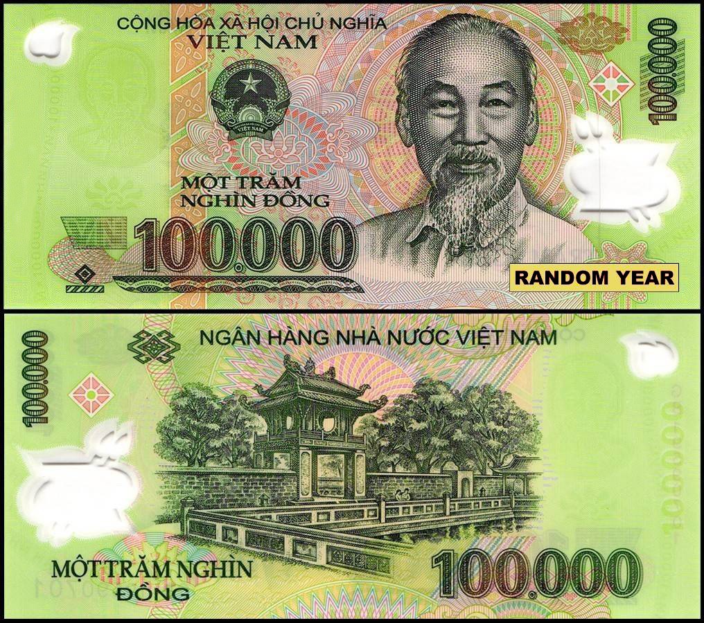 Vietnamese Currency 100000 Vietnam Dong, Random Year, P-122 UNC Polymer X100 PCS