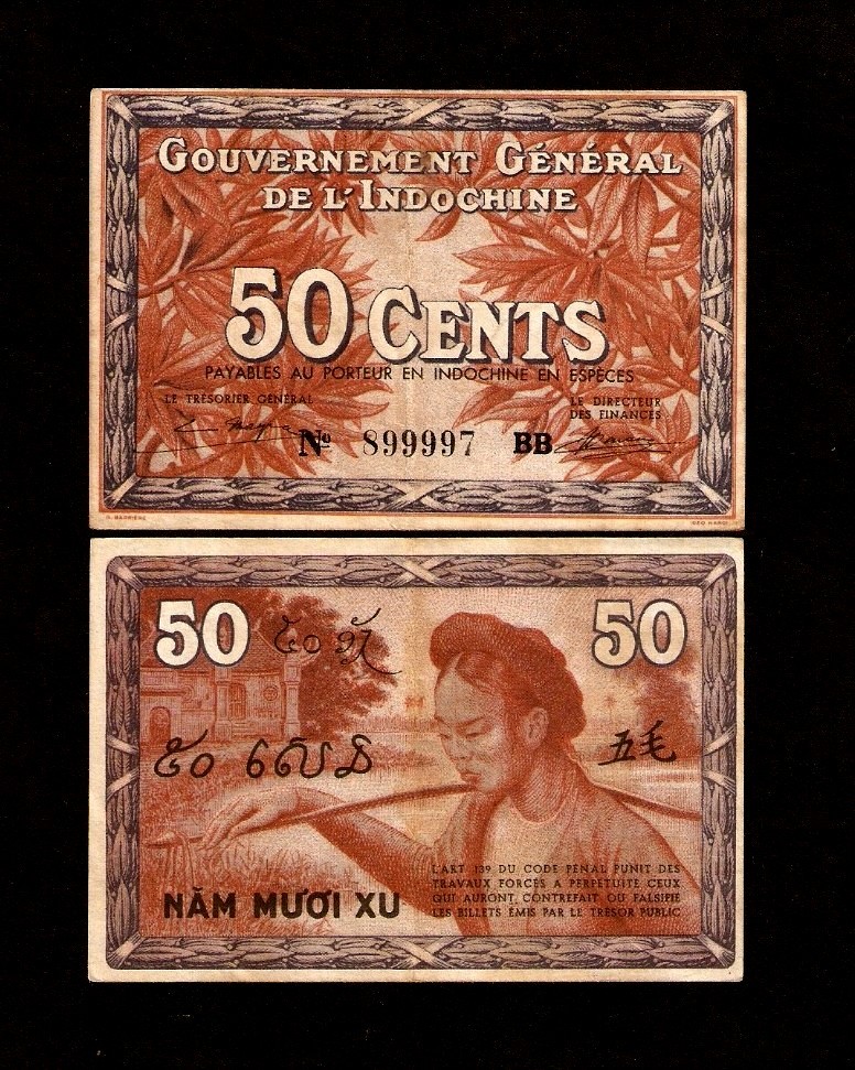 FRENCH INDO CHINA 50 CENTS P-87 c 1939 WOMAN XF VIETNAM CURRENCY MONEY BANK NOTE
